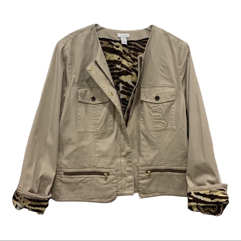 Chico's‎ lightweight jacket top animal print lining Size L (2) Utility Chore - Picture 4 of 8